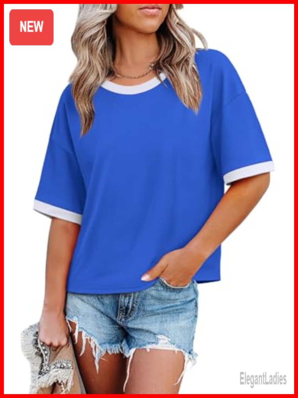 Womens Oversized Loose Fit Half Sleeve Crew Neck Color Block T-Shirt